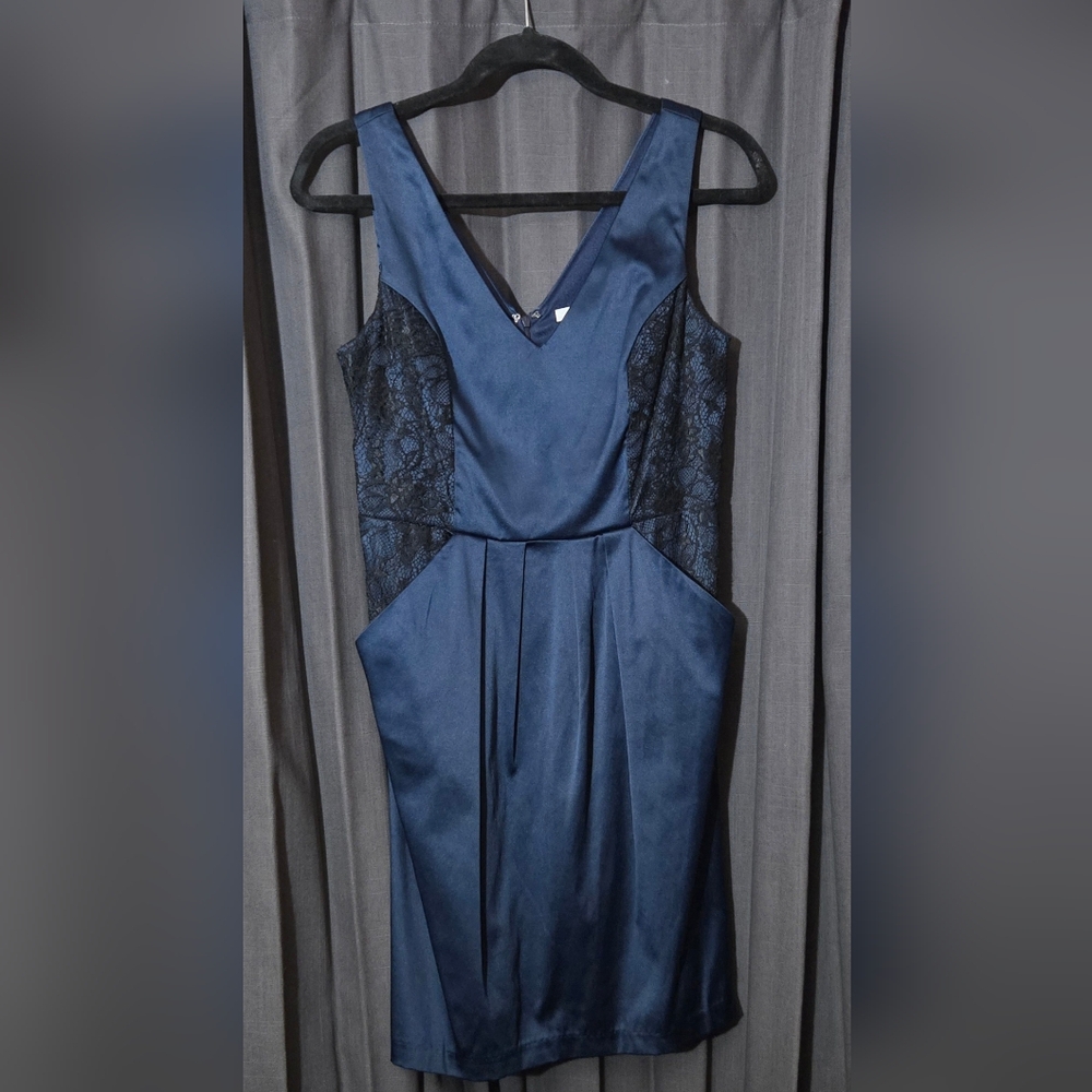 Corey P. brand navy satin-look dress with black lace inserts on the sides
